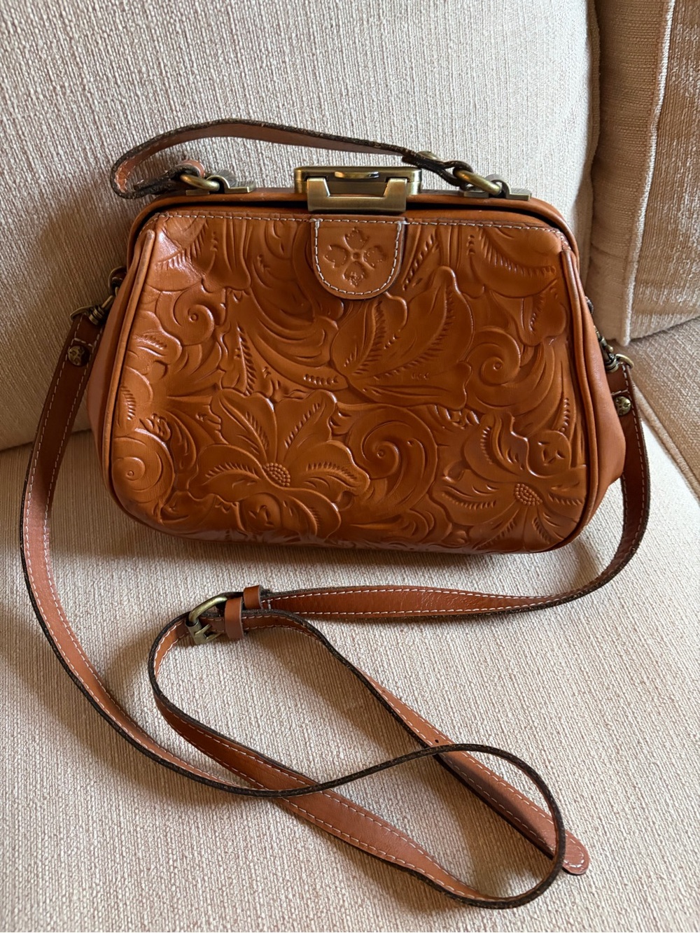 Patricia Nash Cognac Floral Embossed Leather Shoulder Bag